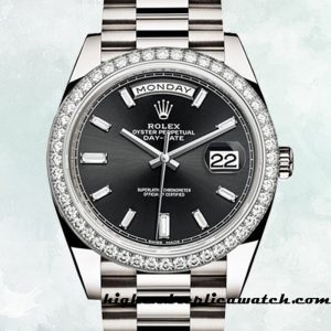 High End Replica Rolex Day-Date 228349BKDP Men's Rolex Calibre 2836/2813 Silver-tone 12mm