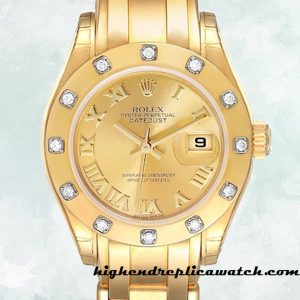 High End Replica Rolex Pearlmaster 80318 Rolex Calibre 2836/2813 Ladies Gold-tone Champagne Dial
