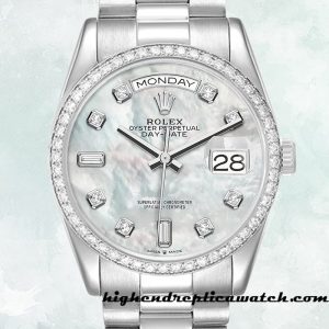 High End Replica Rolex Day-Date m128349rbr-0004 Men's Rolex Calibre 2836/2813 Silver-tone Mother of Pearl Dial