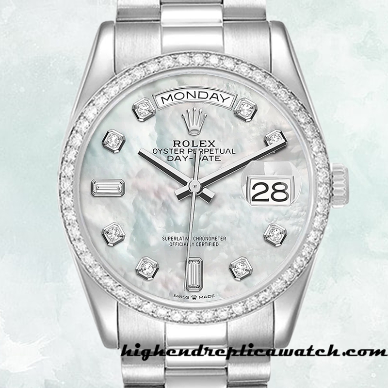 High End Replica Rolex Day-Date m128349rbr-0004 Men's Rolex Calibre 2836/2813 Silver-tone Mother of Pearl Dial