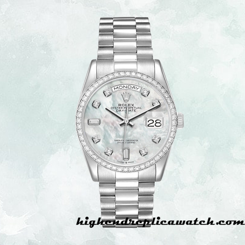 High End Replica Rolex Day-Date m128349rbr-0004 Men's Rolex Calibre 2836/2813 Silver-tone Mother of Pearl Dial - Image 2