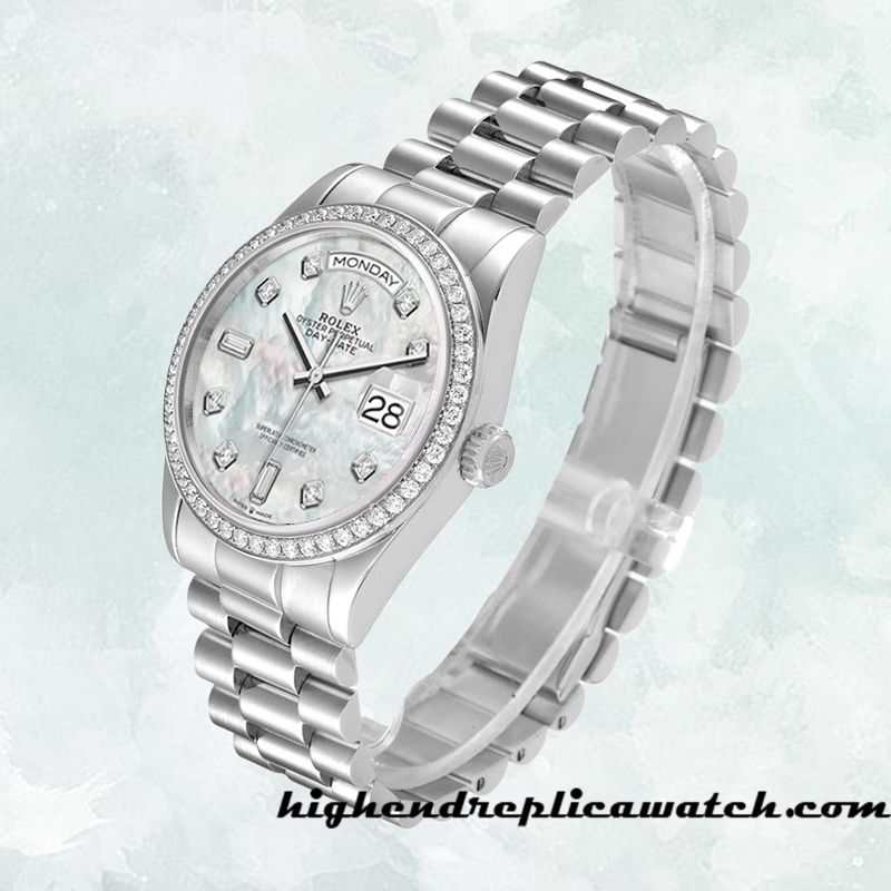 High End Replica Rolex Day-Date m128349rbr-0004 Men's Rolex Calibre 2836/2813 Silver-tone Mother of Pearl Dial - Image 3
