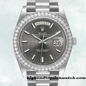 High End Replica Rolex Day-Date Men's 228349RBR-0008 Rolex Calibre 2836/2813 Dark Rhodium Dial Hands and Markers