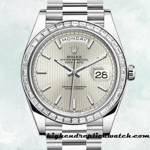 High End Replica Rolex Day-Date Rolex Calibre 2836 m228396tbr-0022 Men's Silver Stripe Dial Hands and Markers