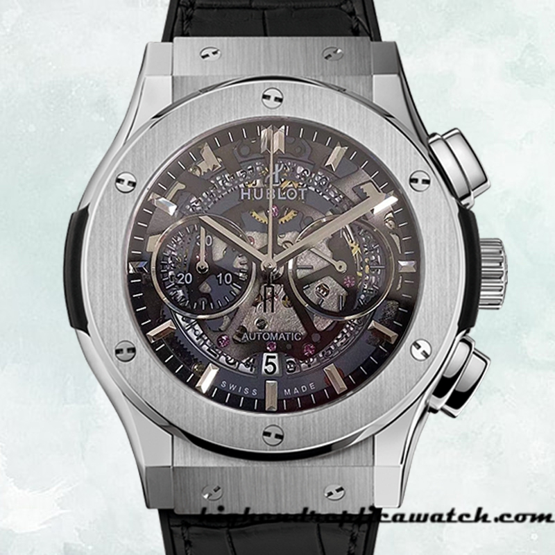 High End Replica Hublot Tourbillon Skeleton Titanium 506.NX.0170.LR 45mm Men Leather Strap Silver-tone