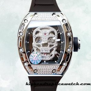 High End Replica Richard Mille RM052 RM052-001 Around 50*42mm Men Silver-tone Diamonds Skull Dial