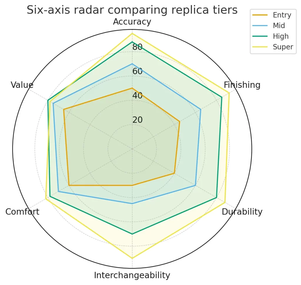 Six-axis radar comparing replica tiers.