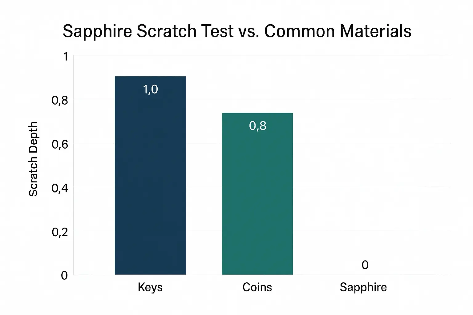 Sapphire scratch depth versus keys, coins, quartz sand, and steel knife