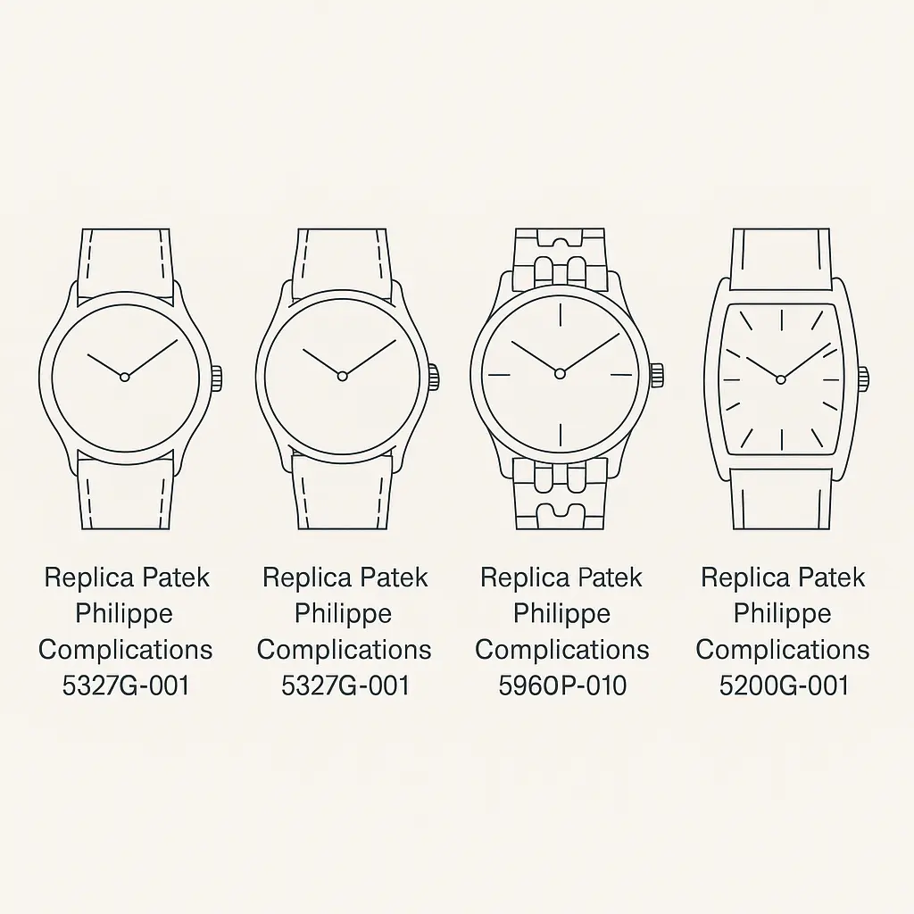 Visual diagram showing size, case shape, and style differences across key Patek Philippe Complications replica models including 5960P-010, 5327G, and 5200G