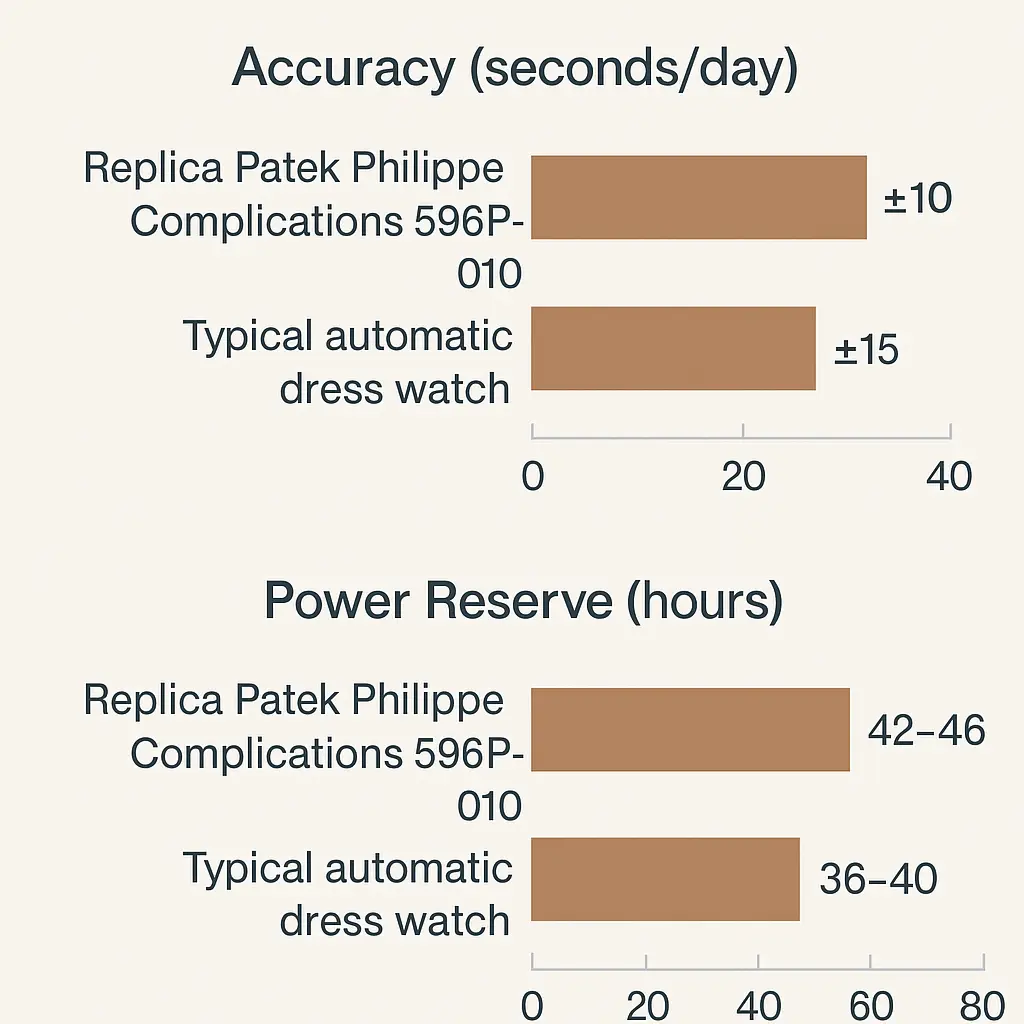 Comparison chart of movement accuracy and power reserve between the Replica Patek Philippe Complications 5960P-010 and a typical automatic dress watch