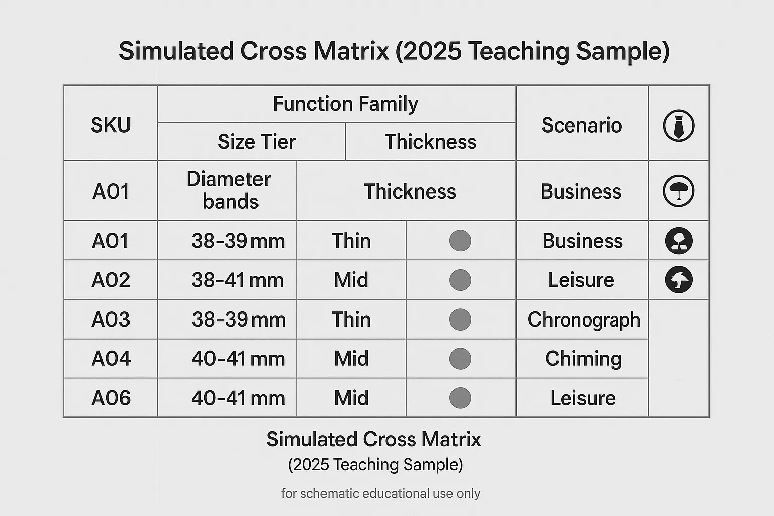 Scatter plot showing automatic vs manual winding against display-back type, with point size representing case thickness (simulated teaching data).