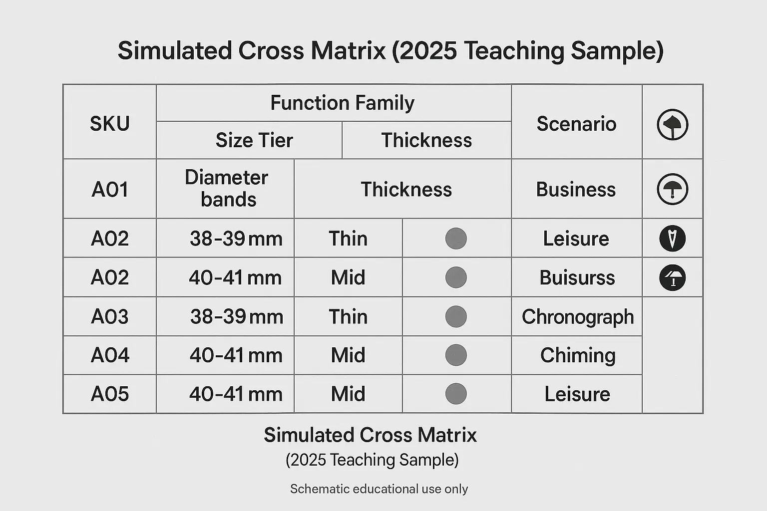 Simulated cross matrix showing function family versus size and scenario grouping (2025 teaching sample).