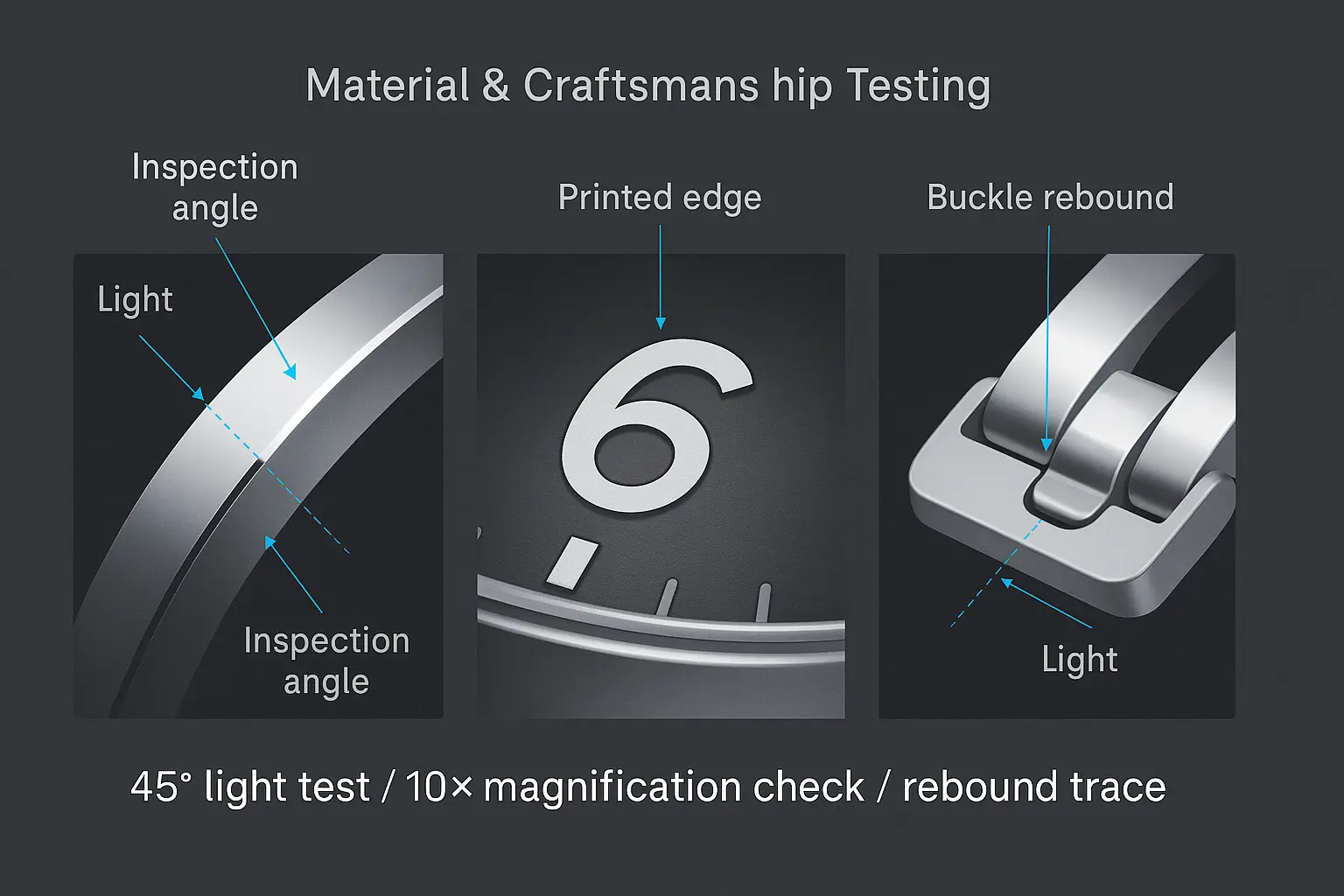 Triptych macro schematic showing 45-degree bevel light band test, printing edge magnification check, and clasp rebound trace (educational illustration).