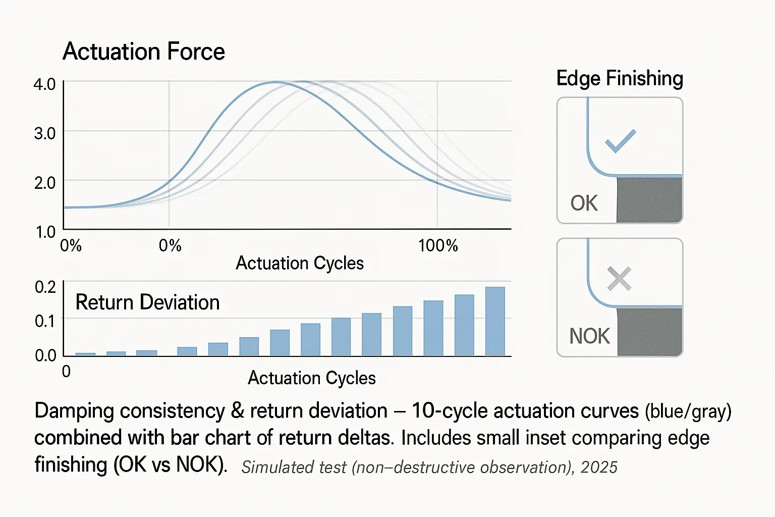 Damping consistency chart: 10-cycle actuation force curves with return deviation bars and edge-finishing OK/NOK inset — simulated test, non-destructive observation.
