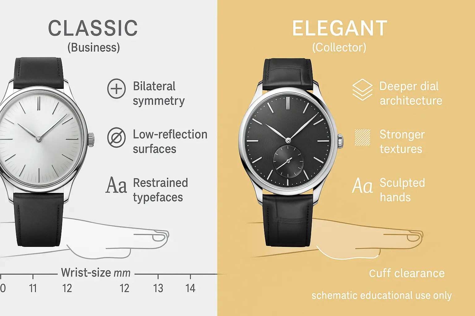 Dual-panel style spectrum: Classic vs Elegant, with symmetry, glare, typeweight, wrist ruler and cuff clearance icons (educational schematic).