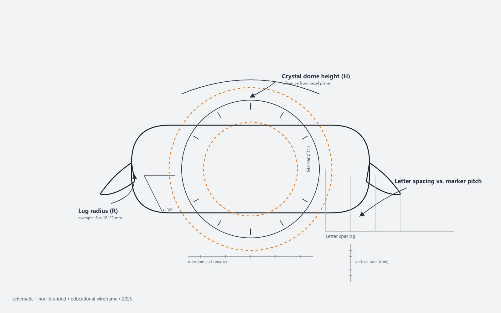 Parametric wireframe showing lug radius, crystal dome height, letter spacing and marker pitch — schematic, non-branded (2025).