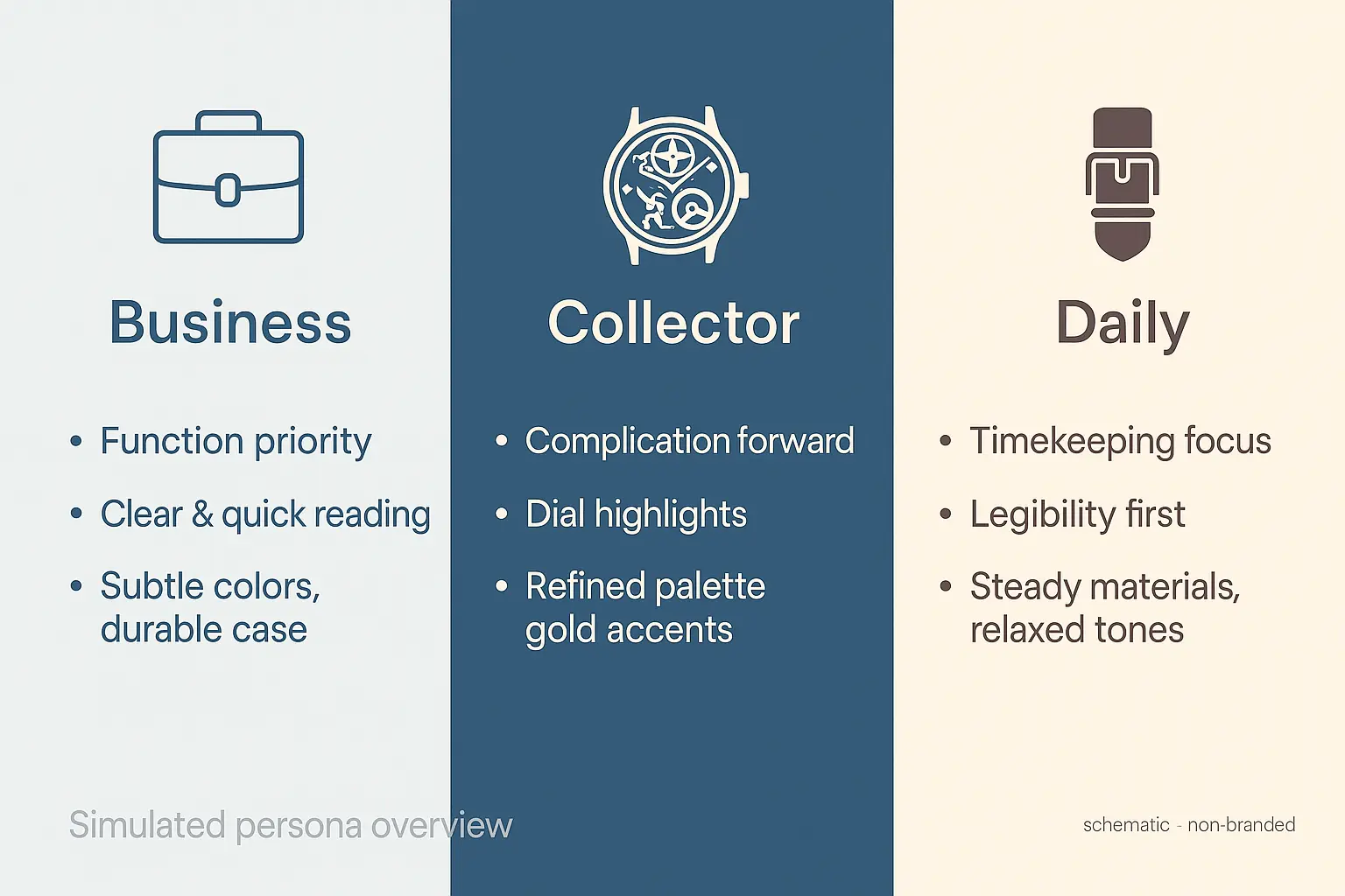 Triptych audience-matching guide showing business, collector, and daily personas with icons and three key tips each—educational schematic.