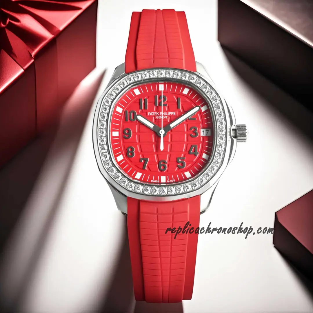 Front view of Aquanaut-style {{主关键词: Replica Patek Philippe Aquanaut 5067A-027}} with red dial and gem-set bezel
