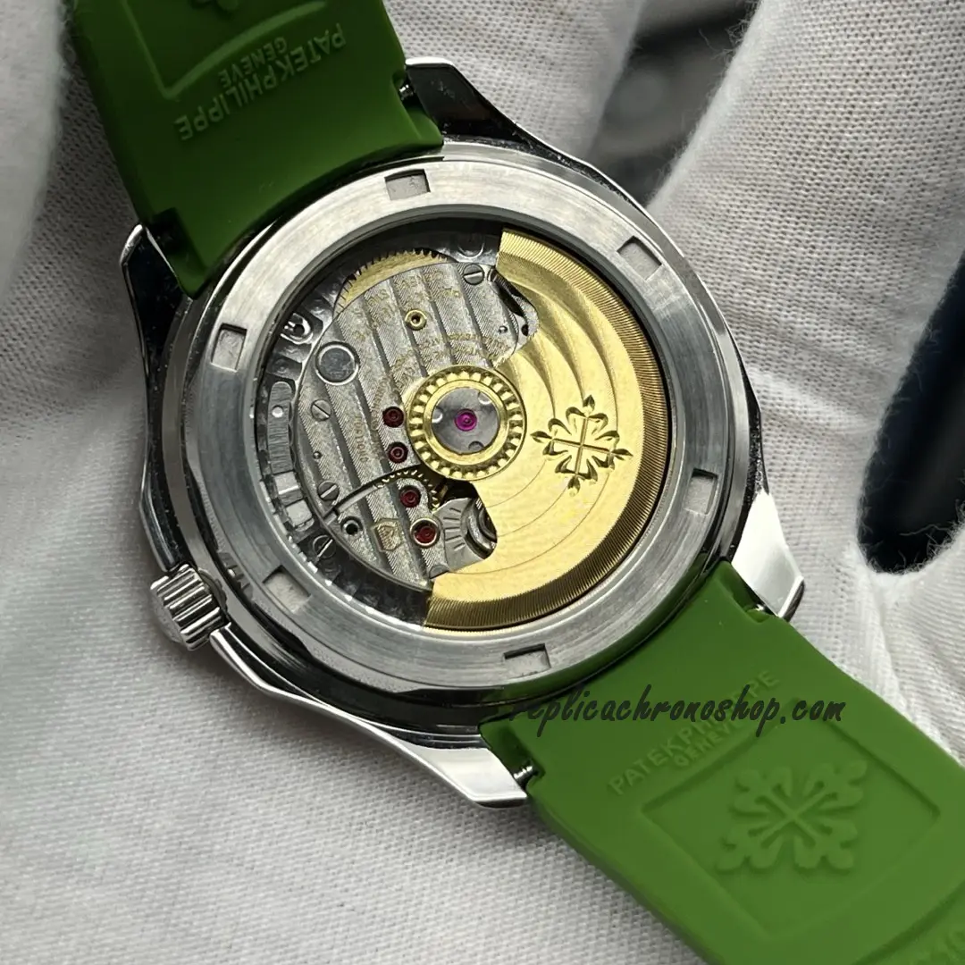 Exhibition-style caseback showcasing the automatic movement of the Aquanaut-style watch.