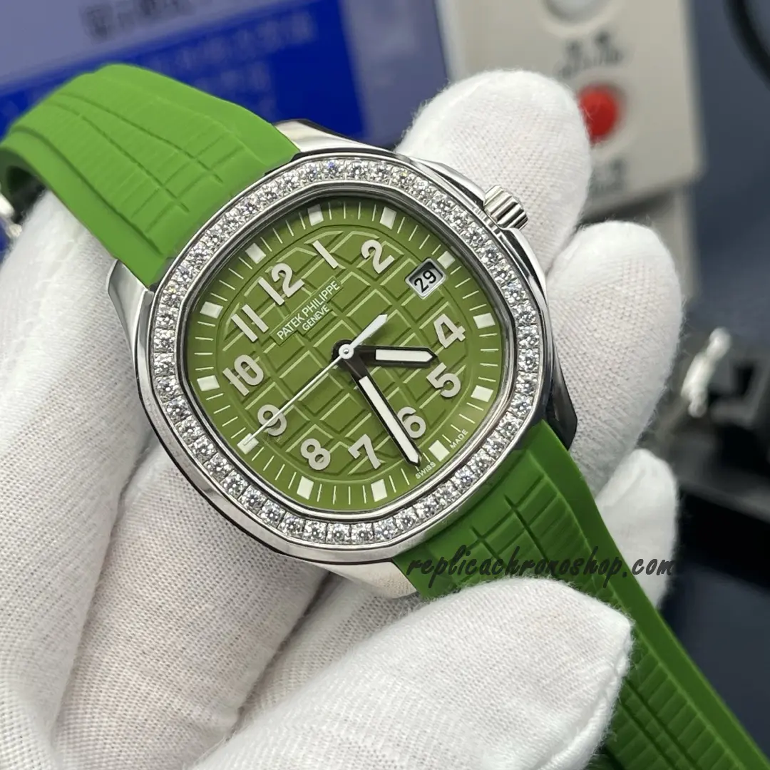 Detail close-up of the diamond-set bezel and textured green dial.