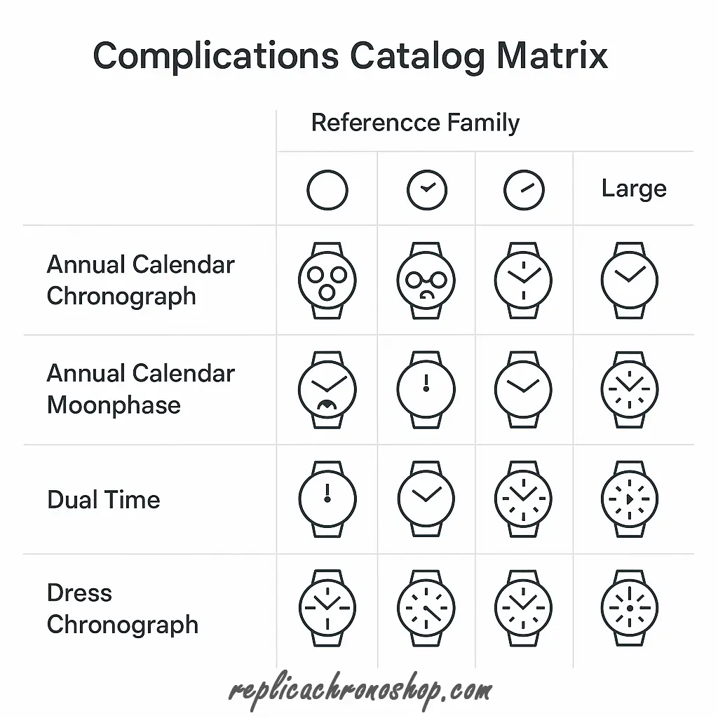 complications catalog matrix comparing annual calendar chronograph, annual calendar moonphase, dual time, and dress chronograph function clusters with abstract reference icons