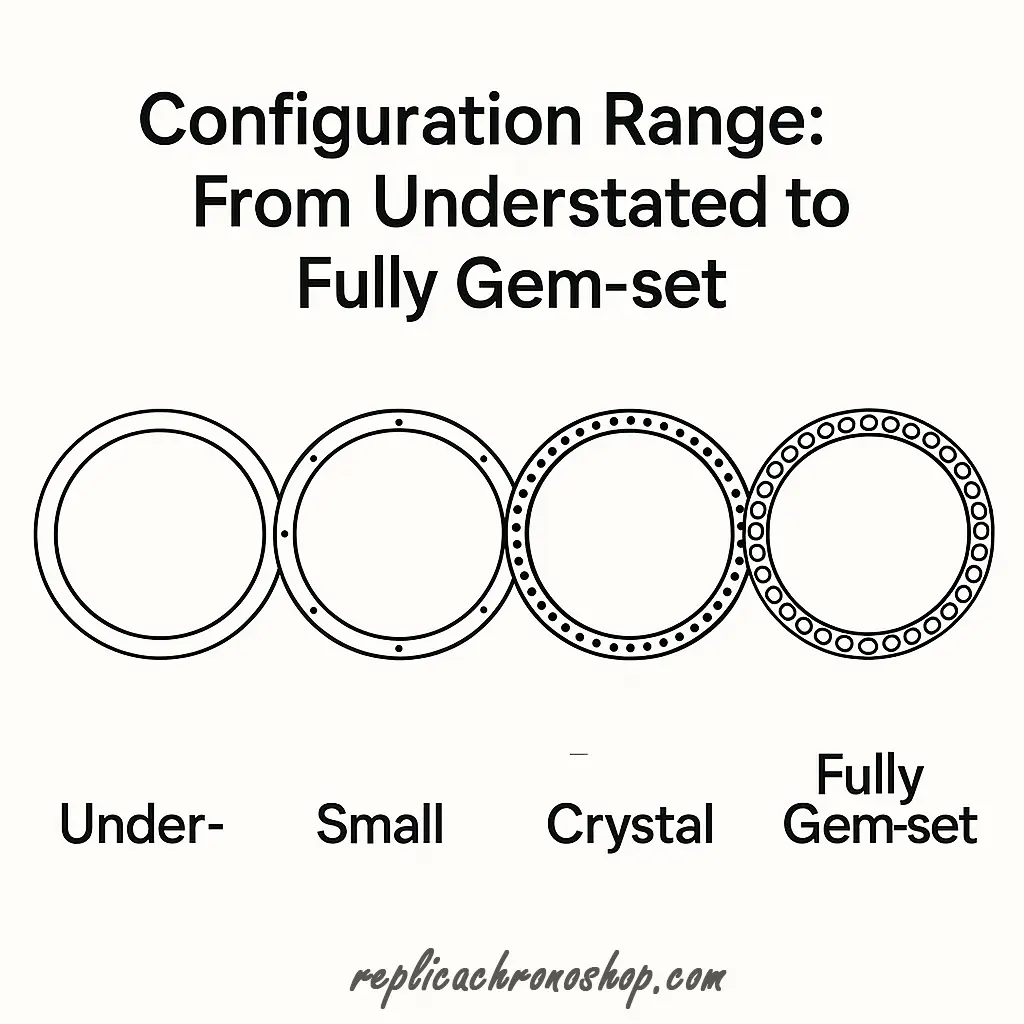 visual progression from an understated plain bezel design to a fully gem-set bezel on complications-style watches