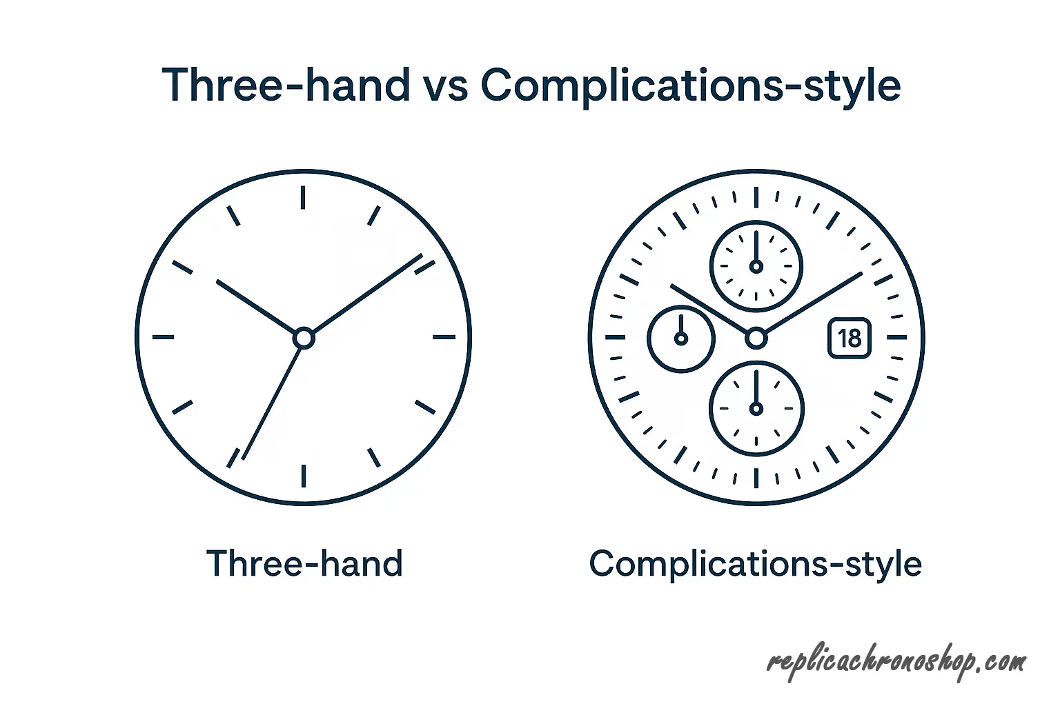 diagram comparing a simple three-hand dial and a complications-style dial layout