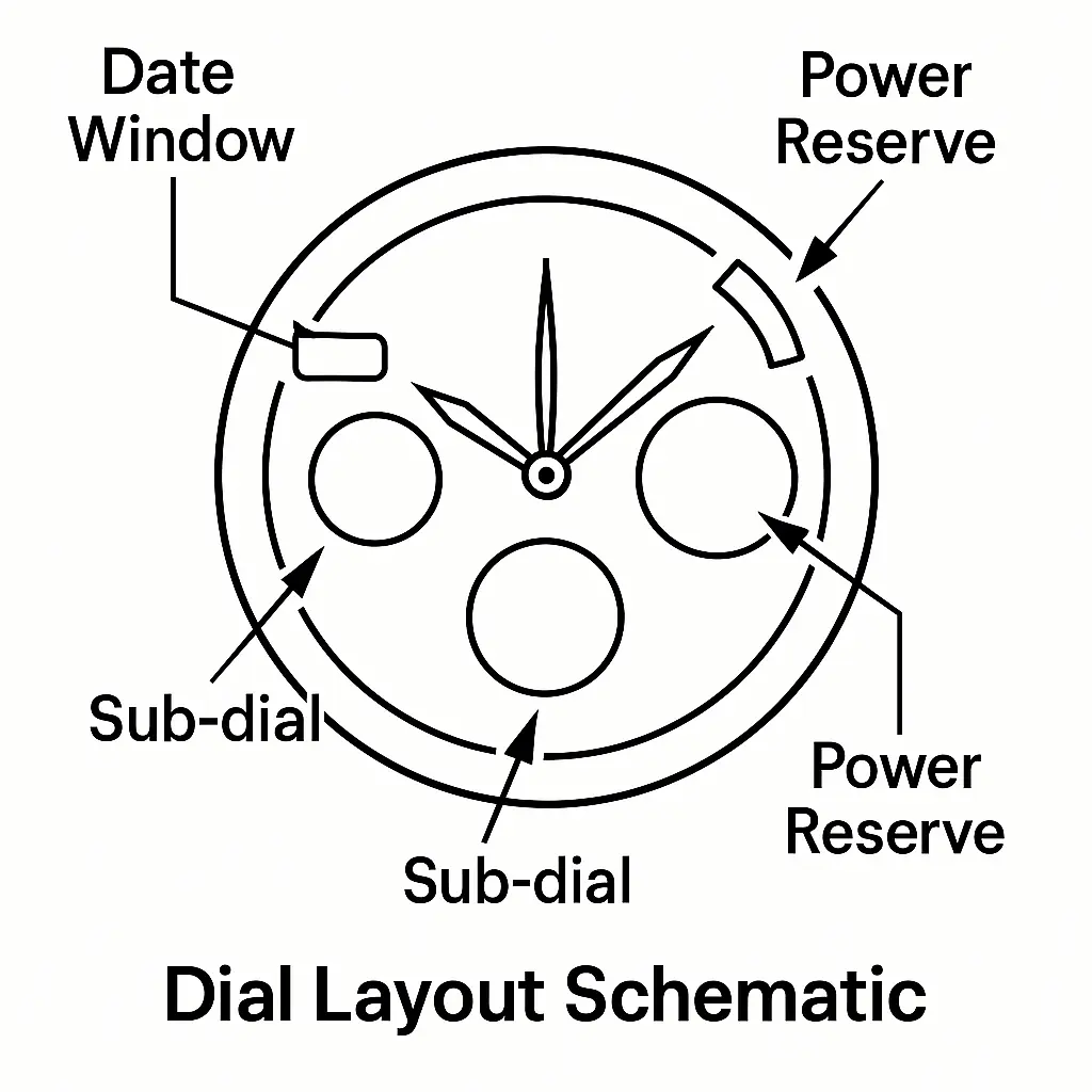 schematic diagram showing date windows, sub-dials, and power-reserve indicators on a complications-style watch dial
