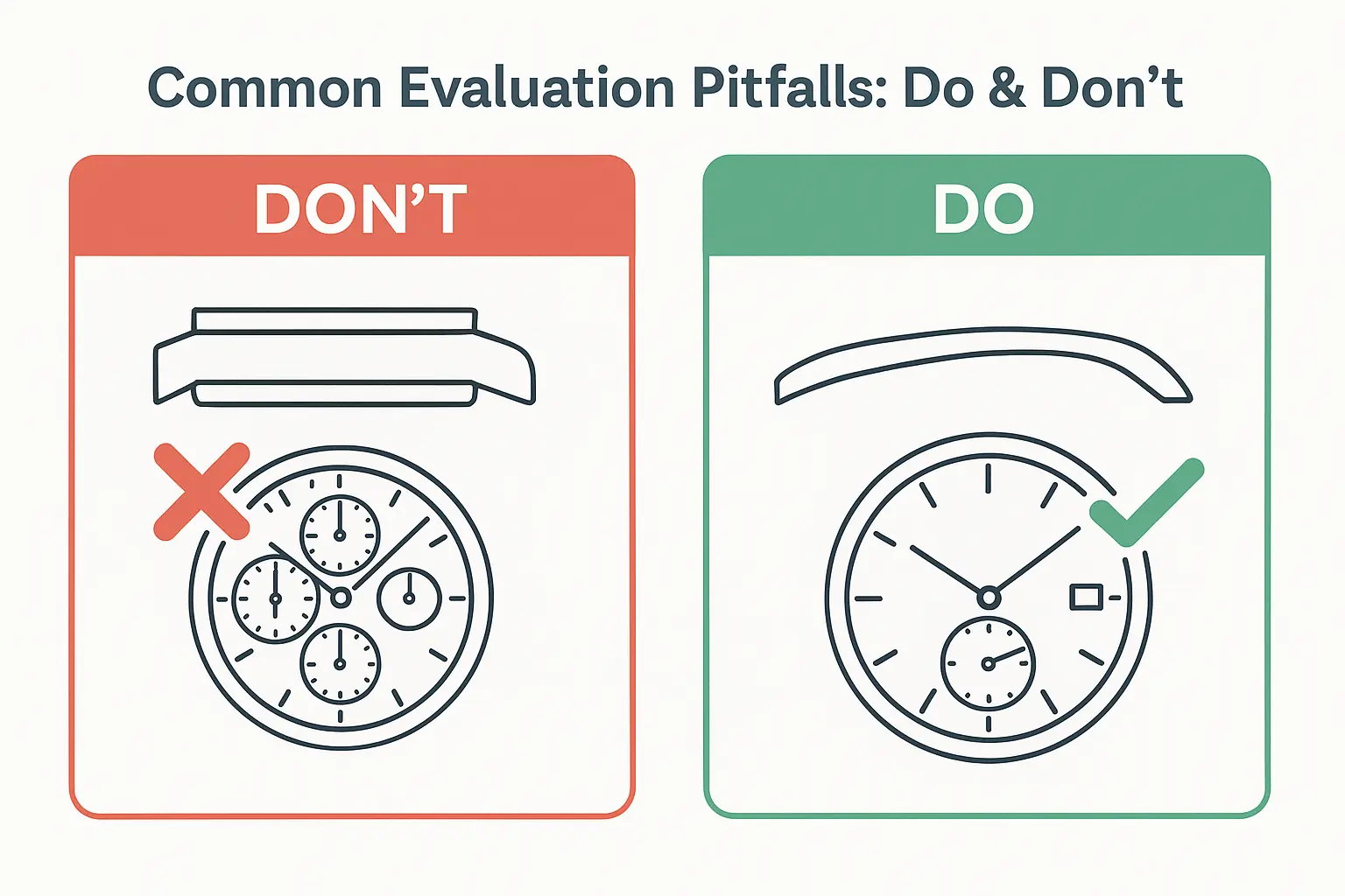 visual comparison of common watch evaluation pitfalls showing incorrect thickness, poor side profile, and overcrowded dial versus balanced alternatives