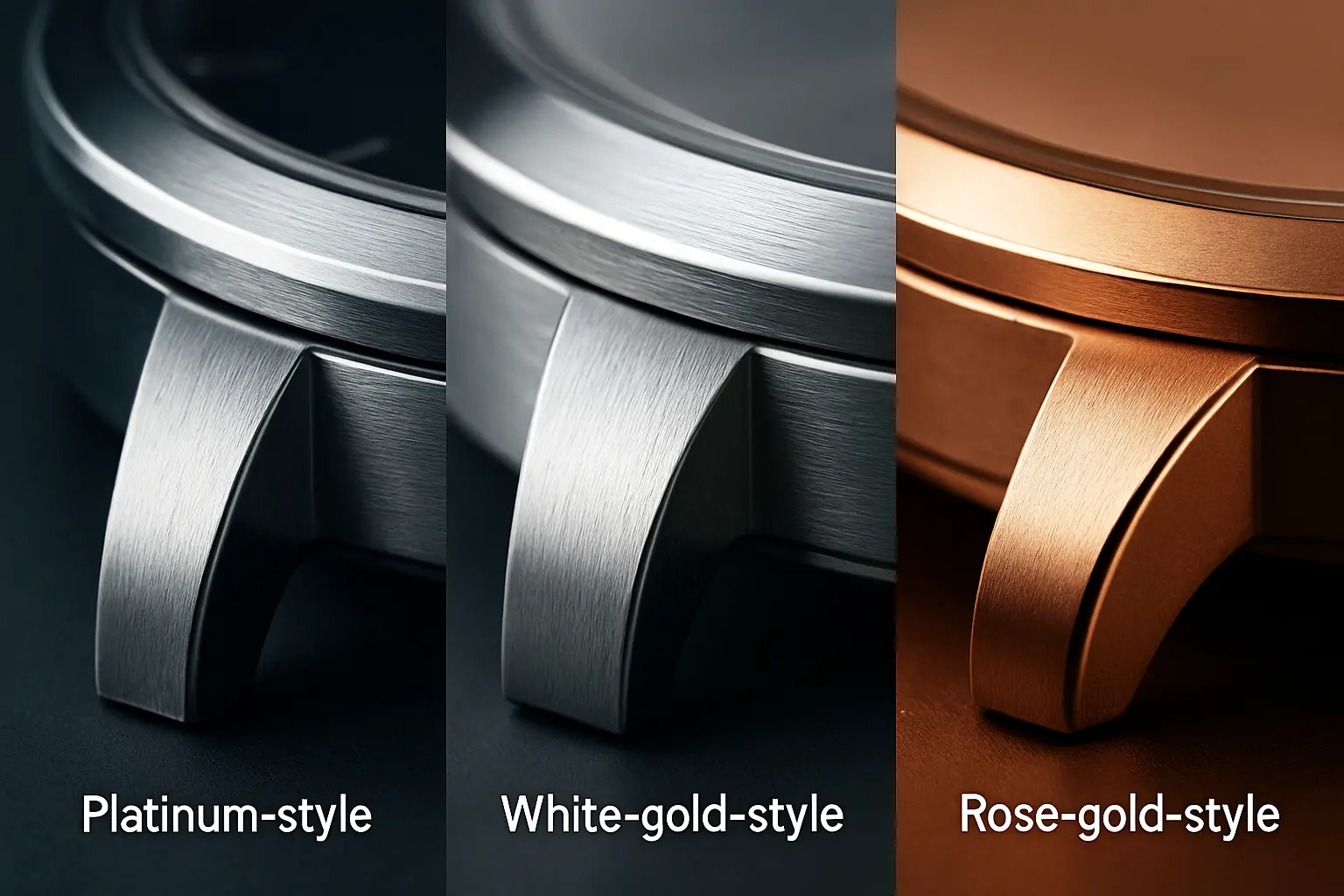 macro collage showing platinum-style, white-gold-style, and rose-gold-style metal finishes on abstract watch case surfaces