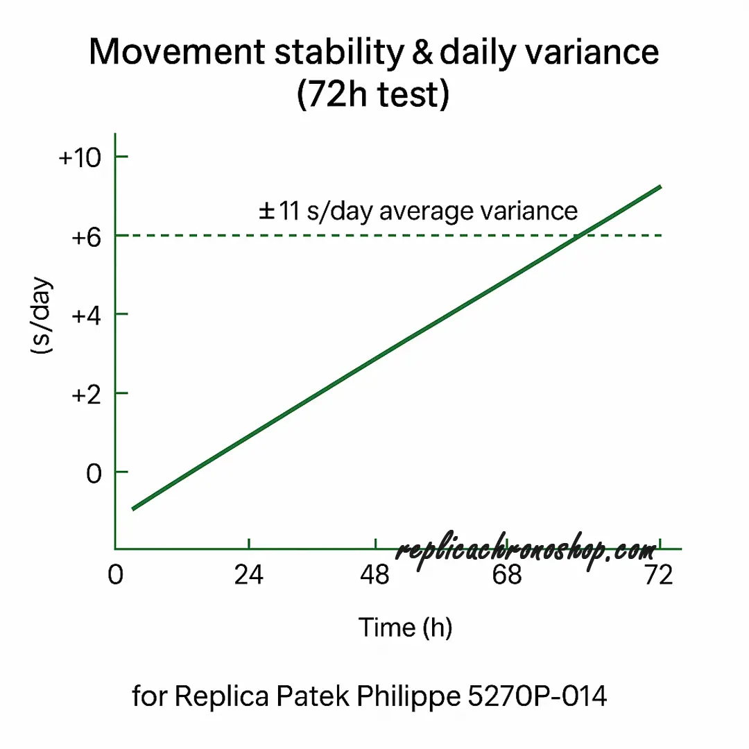 Movement stability and daily variance chart showing ±11s/day performance for Replica Patek Philippe 5270P-014