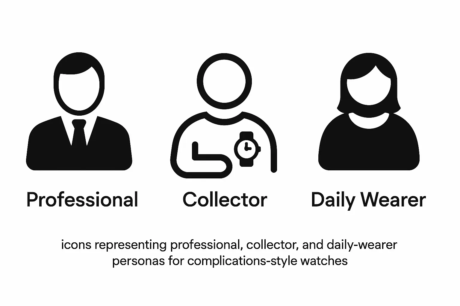 abstract persona icons representing a professional, a collector, and a daily luxury wearer for complications-style watches