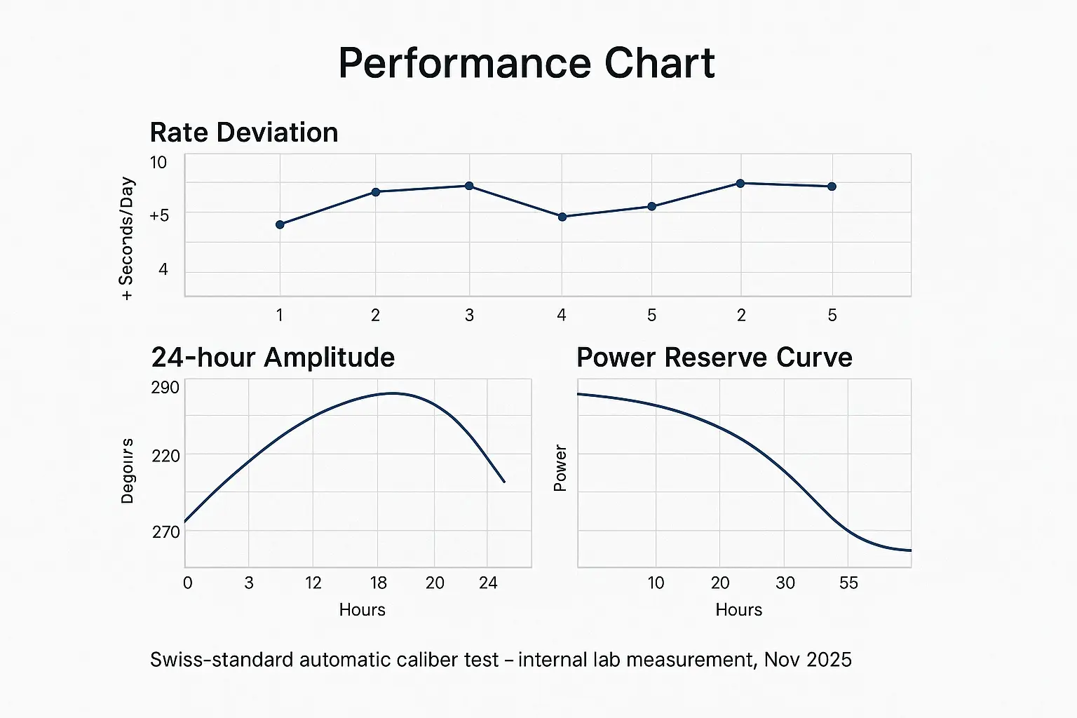 Performance chart showing rate deviation, amplitude stability, and power reserve curve for Replica Patek Philippe Complications 5961P-001