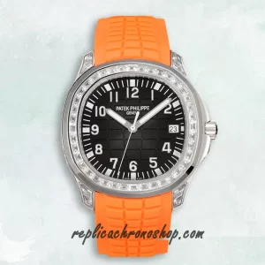 Replica Patek Philippe Aquanaut 5167-300G Automatic Watch with Diamond Bezel and Orange Rubber Strap