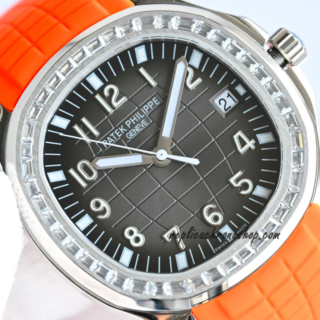 Replica Patek Philippe Aquanaut 5167-300G Automatic Watch with Diamond Bezel and Orange Rubber Strap - Image 4
