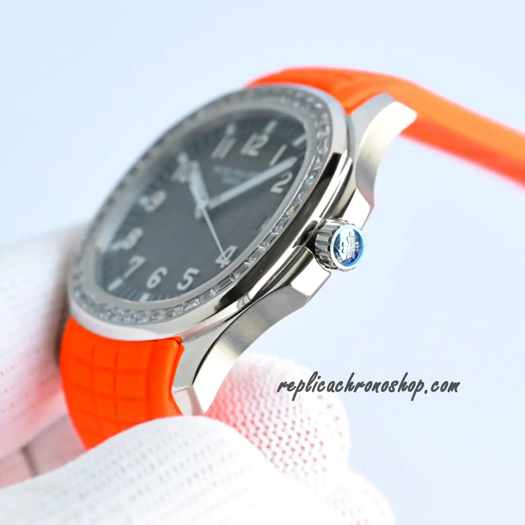 Replica Patek Philippe Aquanaut 5167-300G Automatic Watch with Diamond Bezel and Orange Rubber Strap - Image 6