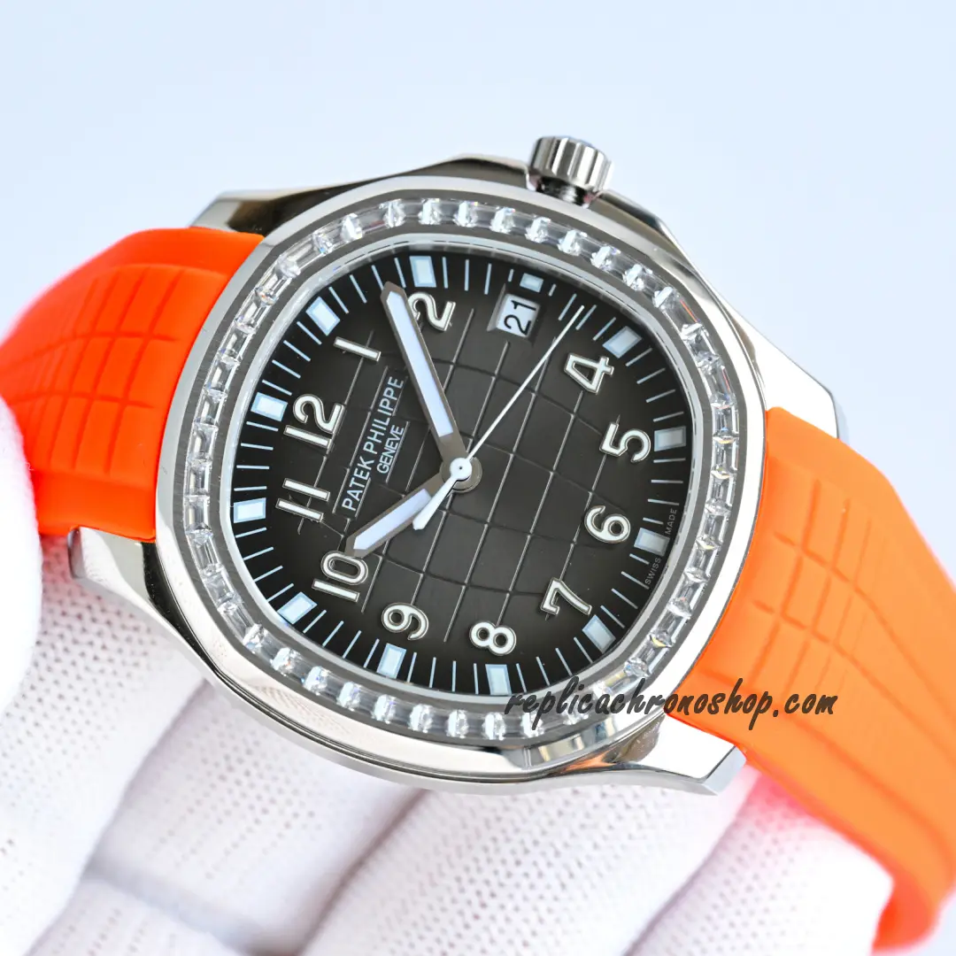 Replica Patek Philippe Aquanaut 5167-300G Automatic Watch with Diamond Bezel and Orange Rubber Strap - Image 5