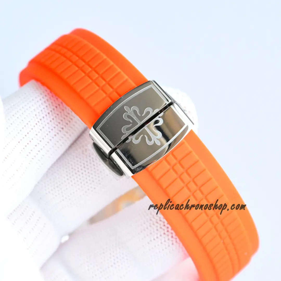 Replica Patek Philippe Aquanaut 5167-300G Automatic Watch with Diamond Bezel and Orange Rubber Strap - Image 9