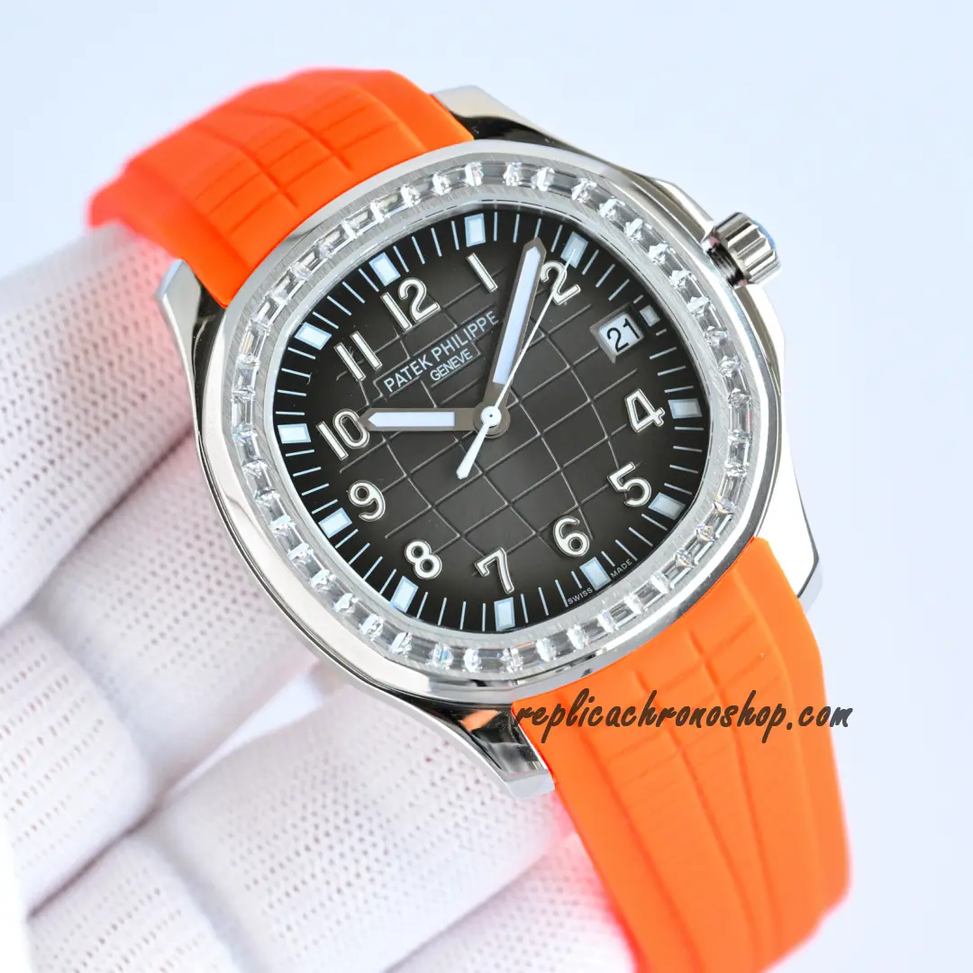 Detail view showing brushed flanks, polished bevels, and diamond-set bezel
