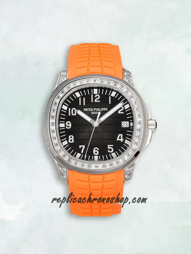 Replica Patek Philippe Aquanaut 5167-300G Automatic Watch with Diamond Bezel and Orange Rubber Strap
