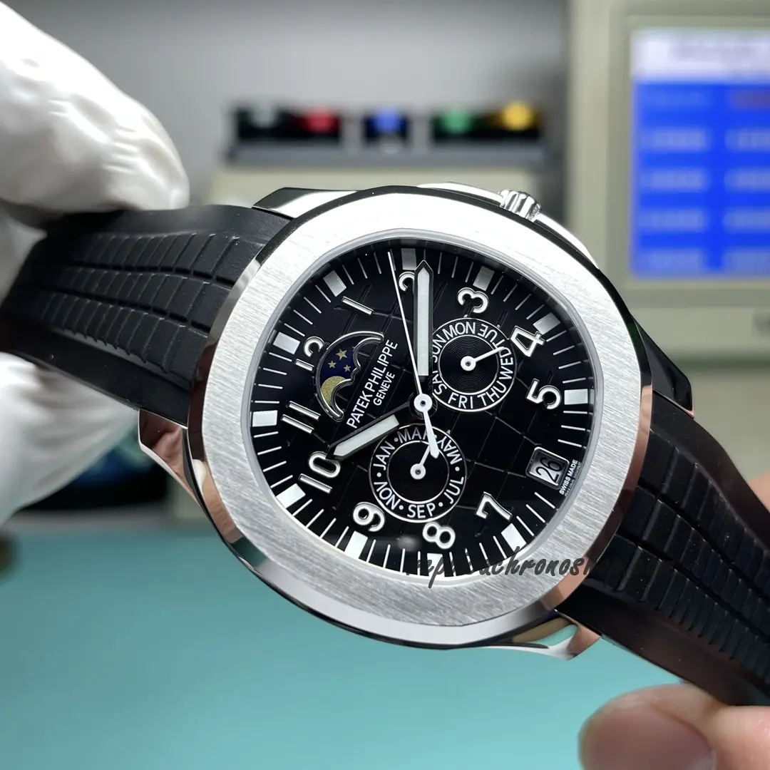 Detail: brushed bezel, polished case sides, calendar windows, moon phase
