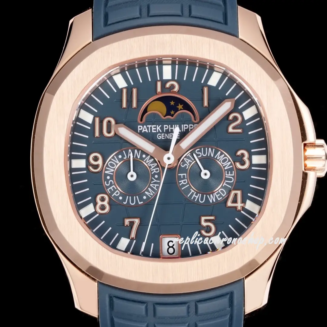 Dial detail showing embossed blue texture and moon-phase register