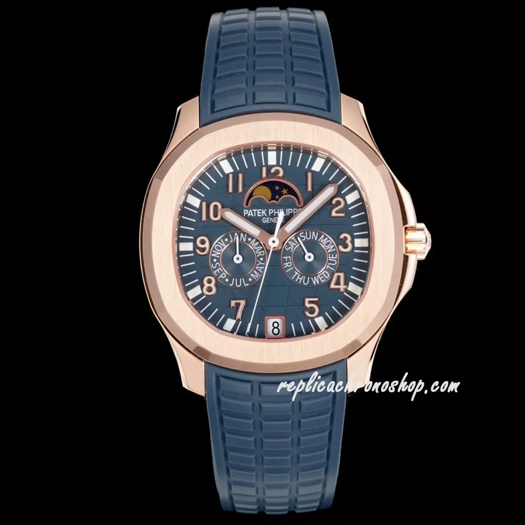 Front view of Aquanaut 5261R-001 rose-gold-tone case and blue embossed dial