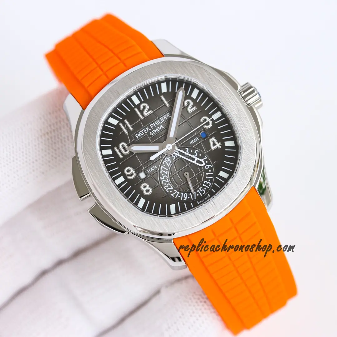 Close-up of the embossed black dial and dual time display on the replica Aquanaut 5164R-001