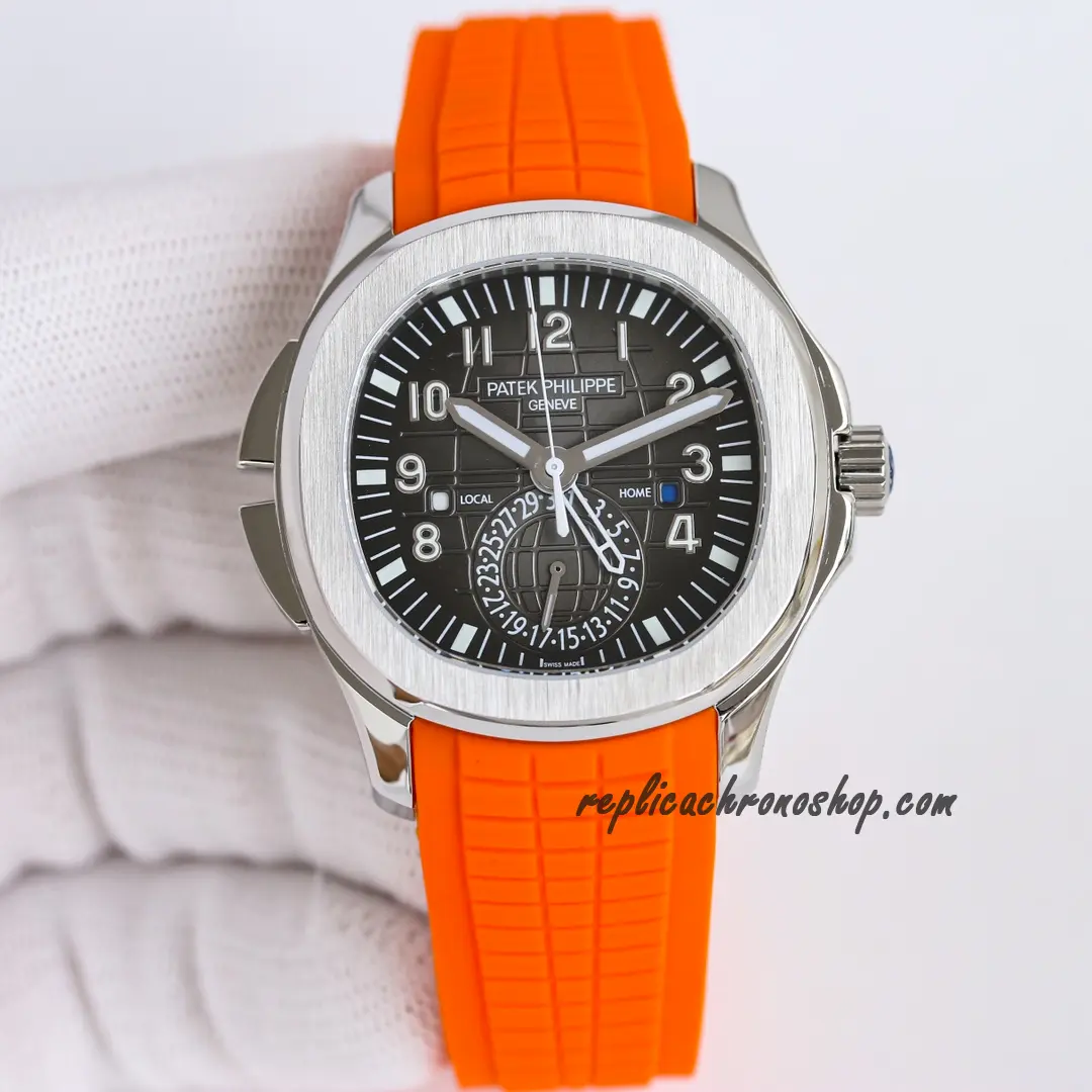 Front view of the Replica Patek Philippe Aquanaut 5164R-001 Dual-Time with orange rubber strap