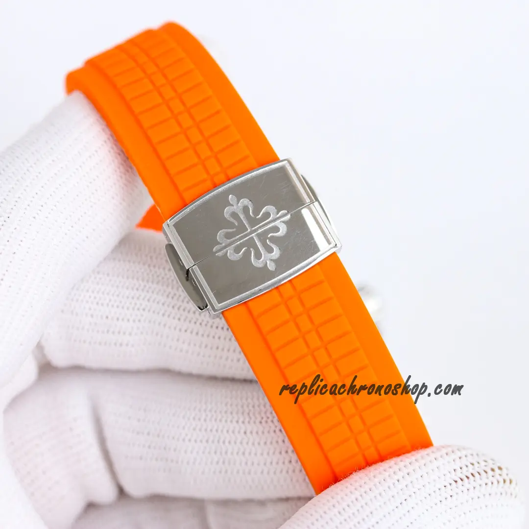 Orange rubber strap and deployant clasp detail on the Replica Patek Philippe Aquanaut 5164R-001 Dual-Time