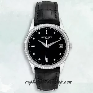 Replica Patek Philippe Calatrava 5297G-001 Automatic Watch with Diamond Bezel and Black Dial