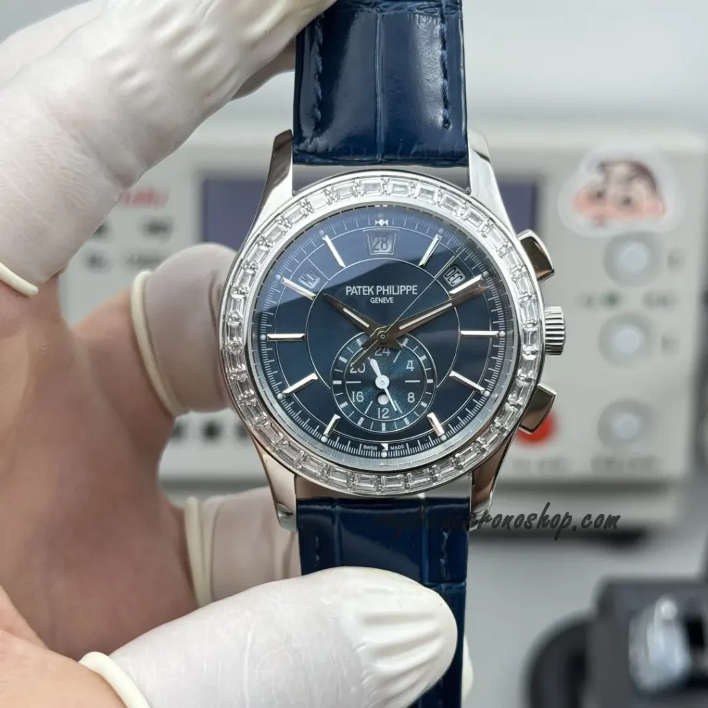 "Front view of Replica Patek Philippe Complications 5961P-001 Blue with blue sunburst dial and gem-set bezel
