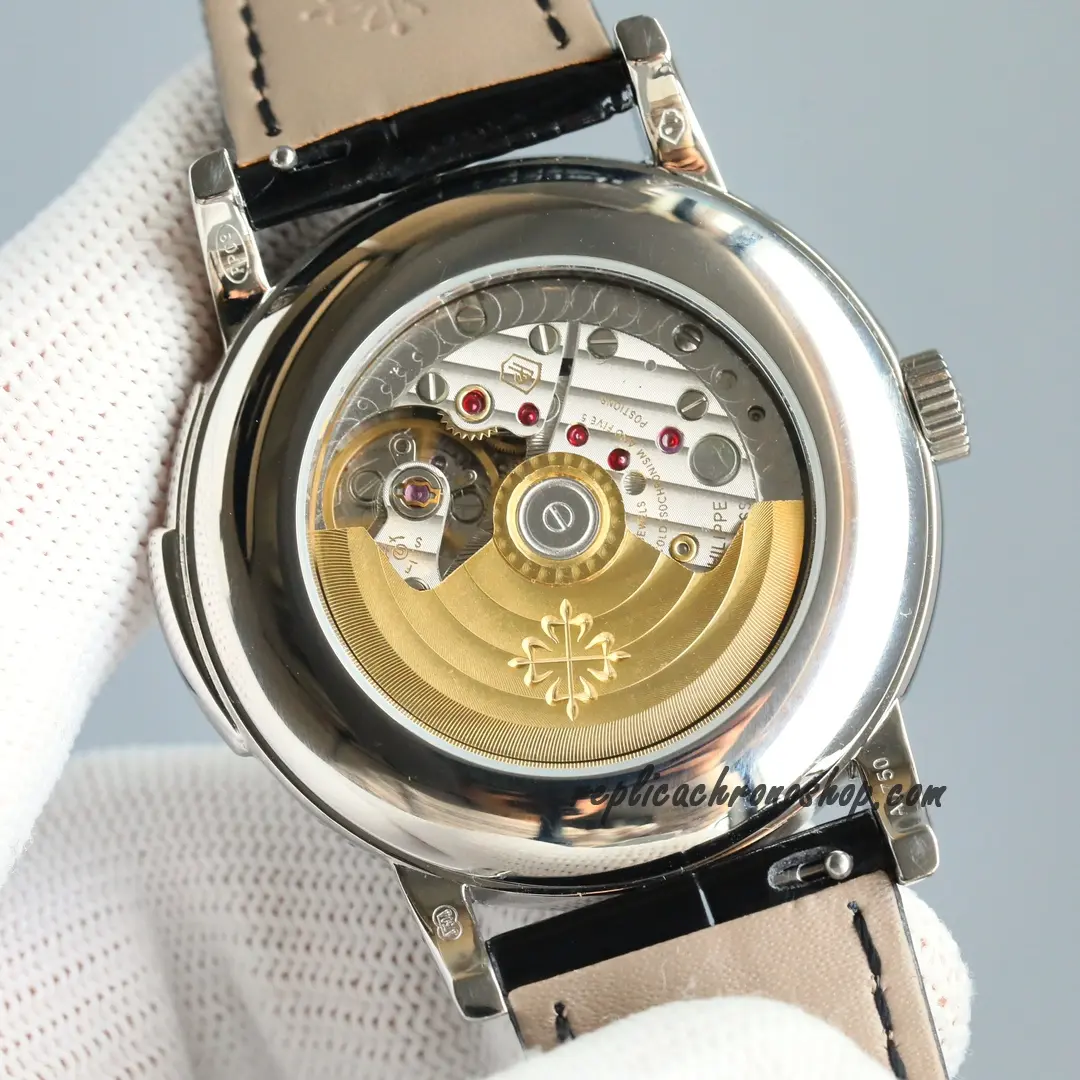 Exhibition caseback of the Replica Patek Philippe Grand Complications 5078P-001 showing automatic movement