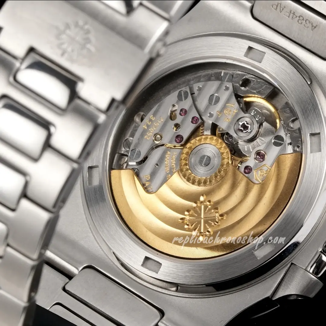 Caseback and bracelet view of platinum-style Nautilus 5711/110P-001 replica watch